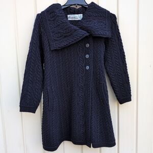Vintage Aran Crafts Jacket Extra Small Blue Chunky Knit Merino Wool Ireland